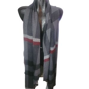 Eclipse Plaid Gray and Red Open Front Sleeveless Long Cardigan XS